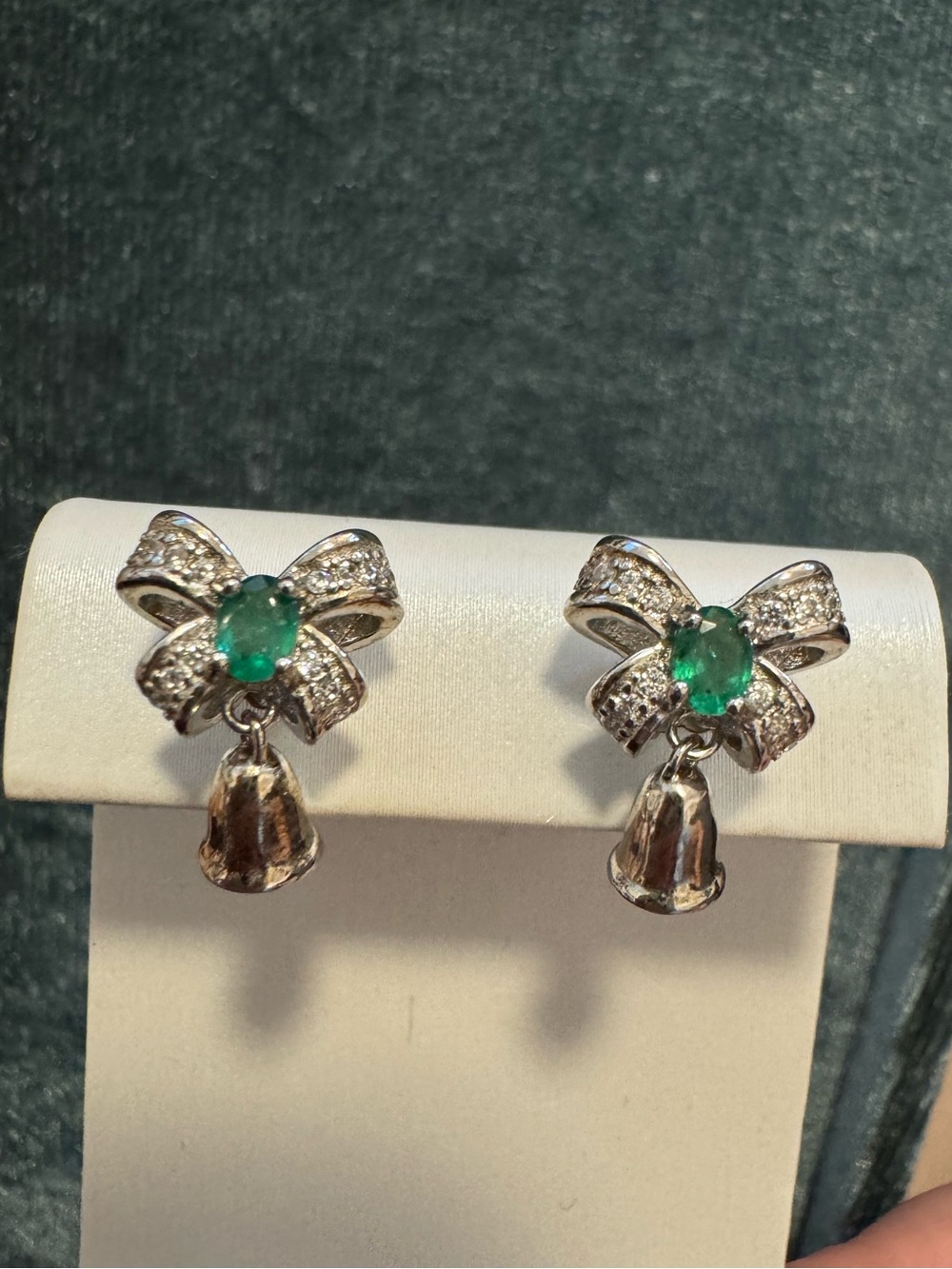 S925 emerald bow earrings silver bells holiday studs dangling oval cut